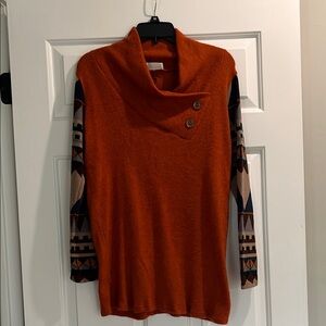Style Rack Orange Cowl Neck Sweater with Patterned Sleeves